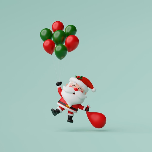 Santa Claus holding balloon and Christmas bag in hand Merry Christmas 3d render