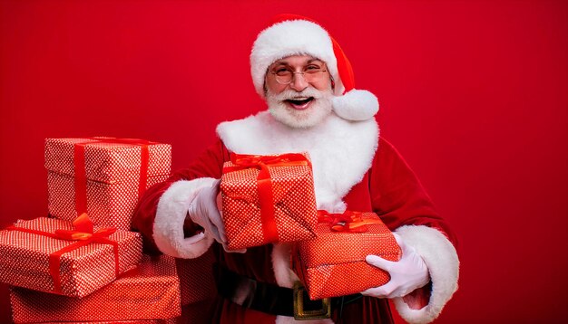 Photo a santa claus holding a bunch of presents