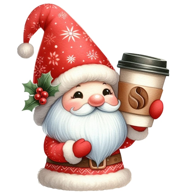 a santa claus holding a coffee cup with a santa hat on it