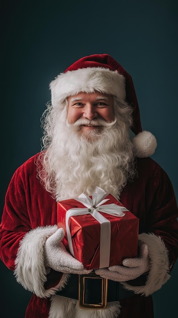 a santa claus holding a gift box