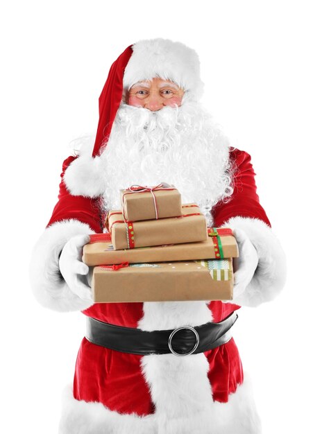 Santa Claus holding gift boxes isolated on white background