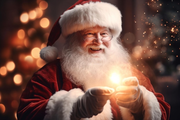 A santa claus holding a lit candle in his hands.