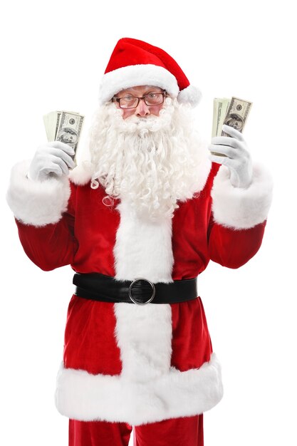 Santa Claus holding money on white background