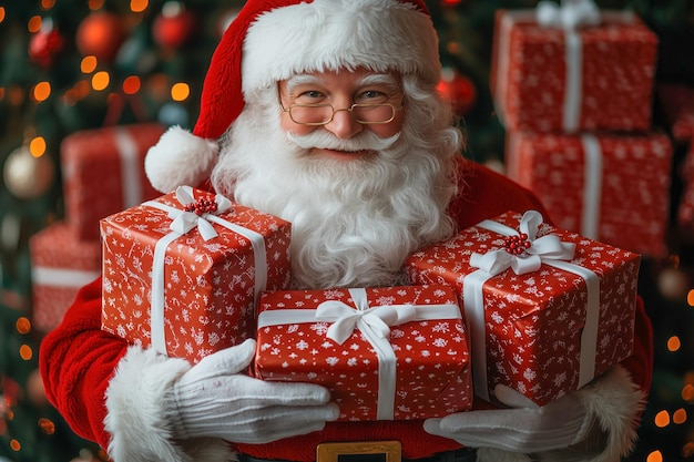 Photo santa claus holding multiple christmas presents