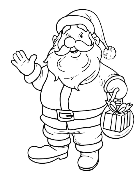 Photo santa claus holding a sack full of presents cute cartoon illustration coloring book page