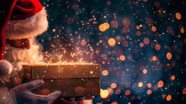 Photo santa claus holding a sparkling golden gift box amidst festive lights