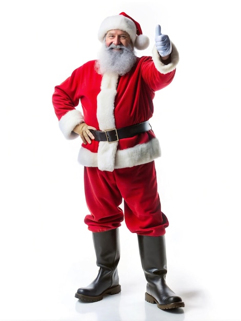 Photo santa claus holding up his hat and wearing gloves