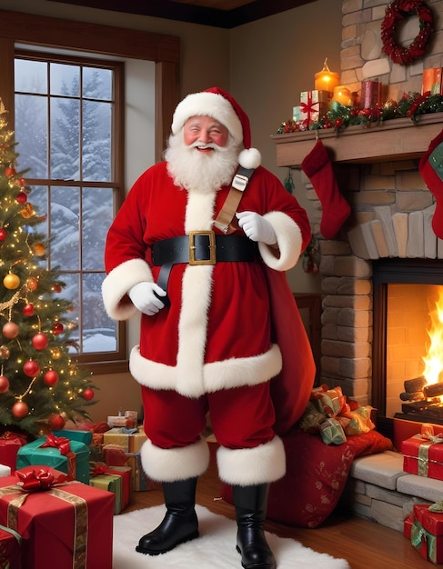 a santa claus holds a present in front of a fireplace