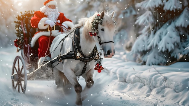 Santa Claus in a horsedrawn sleigh through a snowy forest