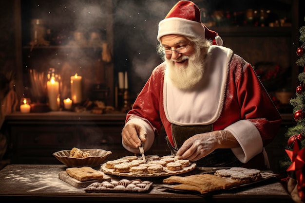 Santa Claus is baking a variety of Christmas cookies