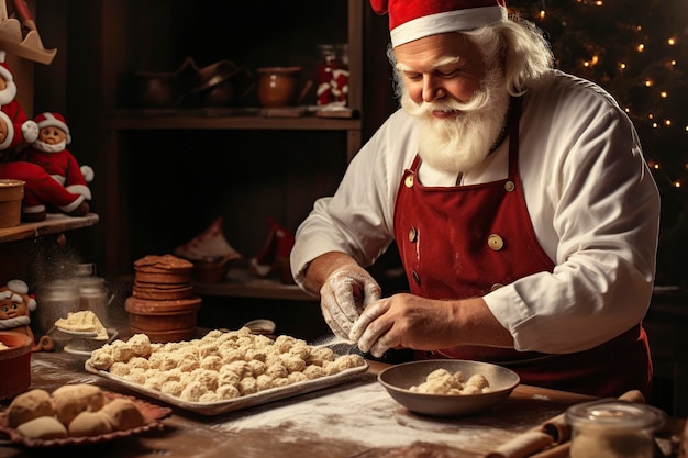 Santa Claus is baking a variety of Christmas cookies