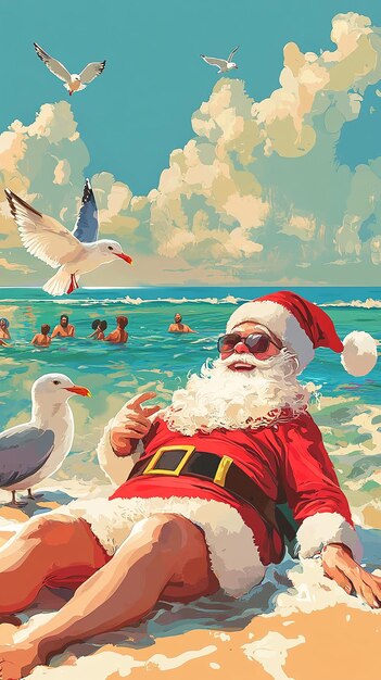 a santa claus is on the beach and is wearing a santa suit