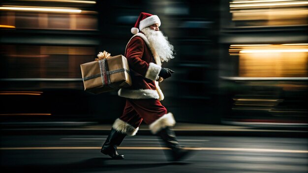 Photo a santa claus is carrying a bag of gifts