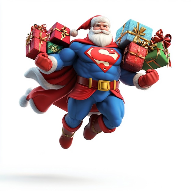 a santa claus is flying in the air with presents