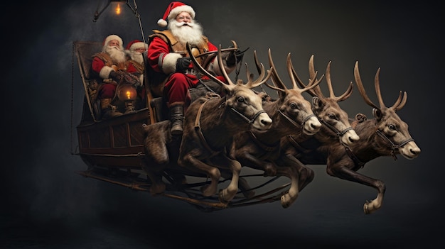 Santa Claus is flying on a sleigh with reindeer