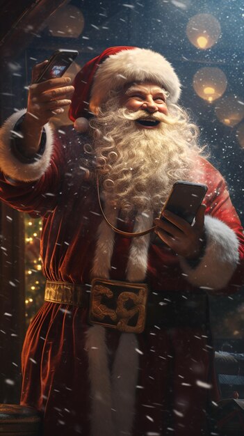 santa claus is holding a cell phone and standing in the snow generative ai