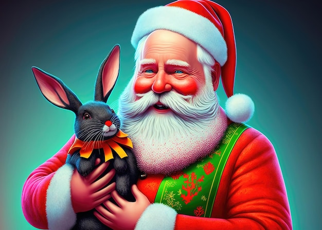 Santa Claus is holding a Christmas black rabbit the symbol of the year merry Christmas 3d render