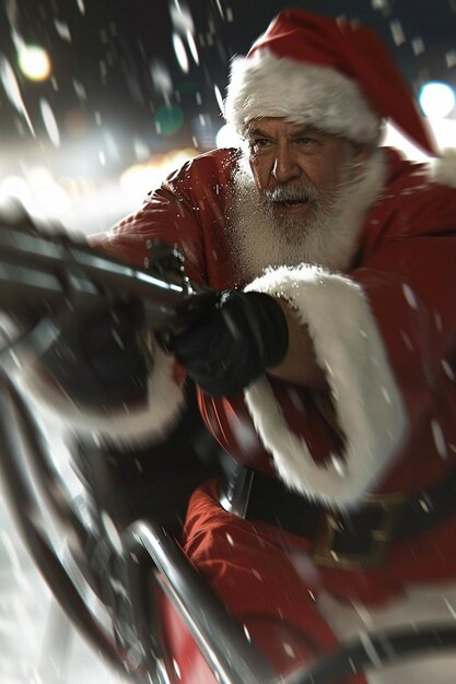 a santa claus is holding a gun in his hand