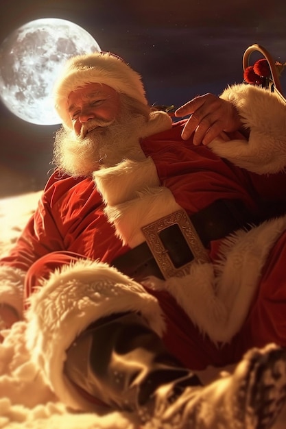 Photo a santa claus is laying down with his hands on his chest