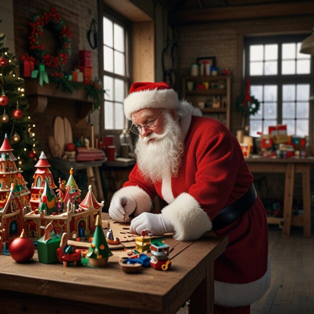 Photo a santa claus is playing with a wooden table and a santa is sitting at a table