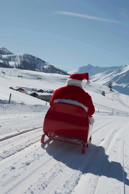 santa claus is pulling a sled down a snowy road