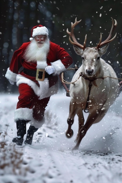 Photo a santa claus is pulling a sleigh with a reindeer