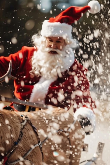 a santa claus is riding a donkey with snow around him