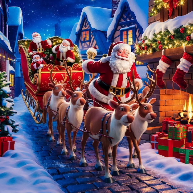 santa claus is riding a sleigh pulled by reindeer