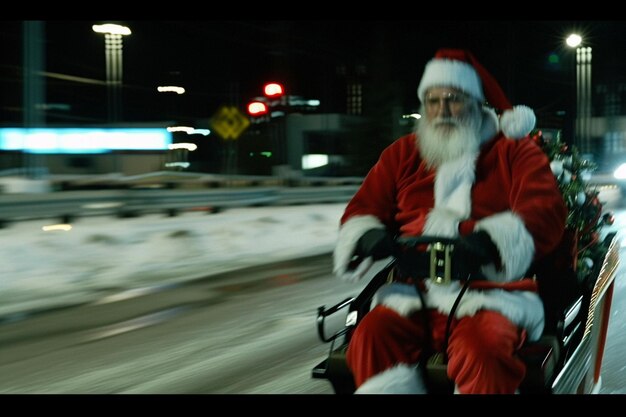 Photo a santa claus is riding a sleigh on a street