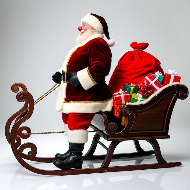 a santa claus is riding a sleigh with a bag of presents on it