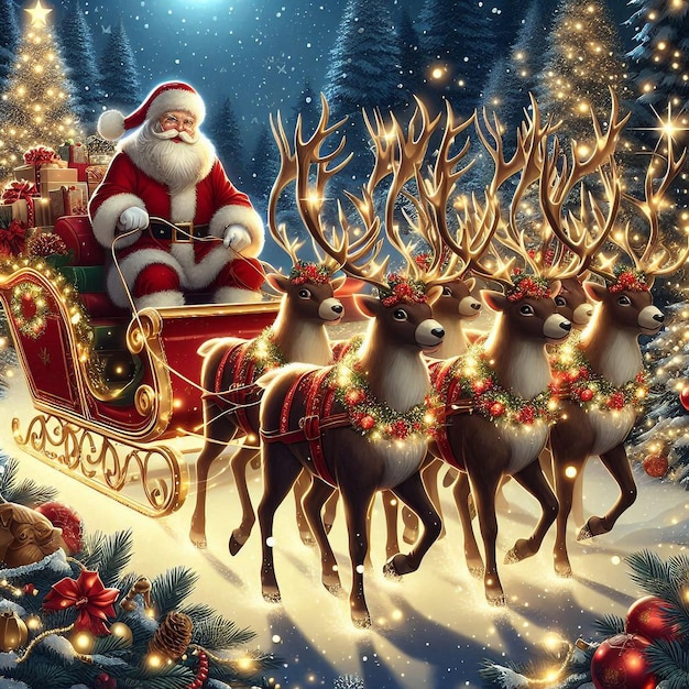 A santa claus is riding a sleigh with reindeer