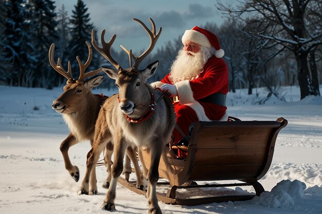 a santa claus is riding a sleigh with reindeer