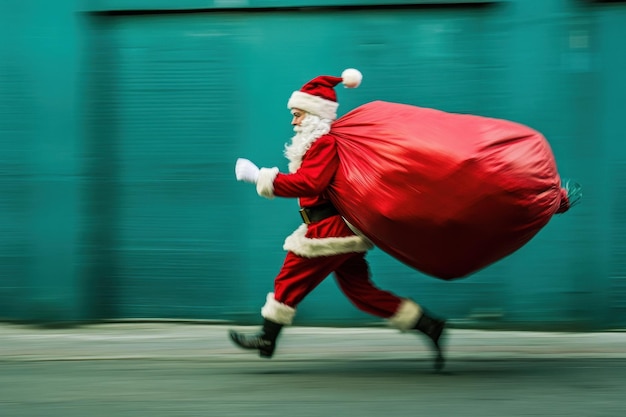 Photo a santa claus is running down the street with a santa hat on