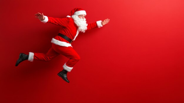 Photo santa claus is running in mid air on red background