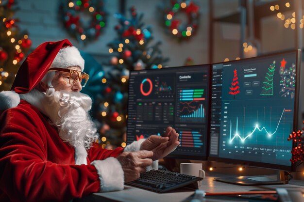 Photo a santa claus is sitting at a computer with a christmas tree in the background