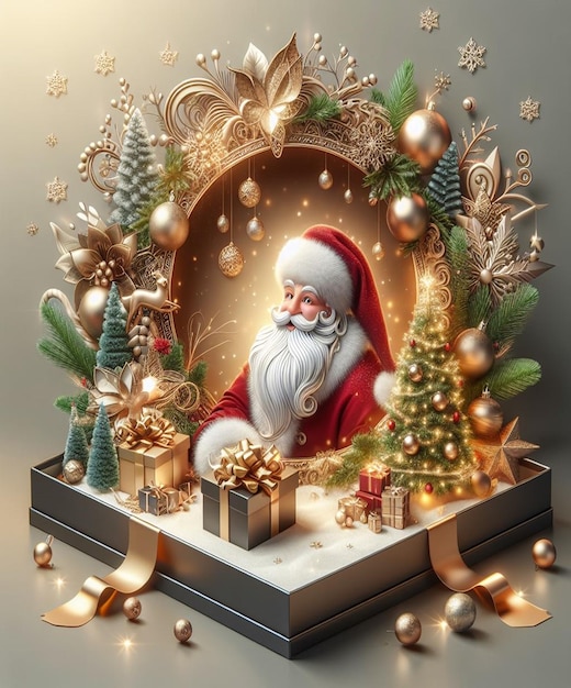 a santa claus is sitting in a frame with a christmas tree and presents