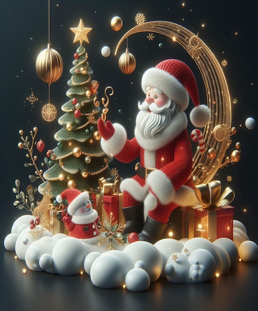 a santa claus is sitting on a gold and black background