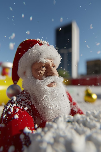 a santa claus is sitting on a snow covered table