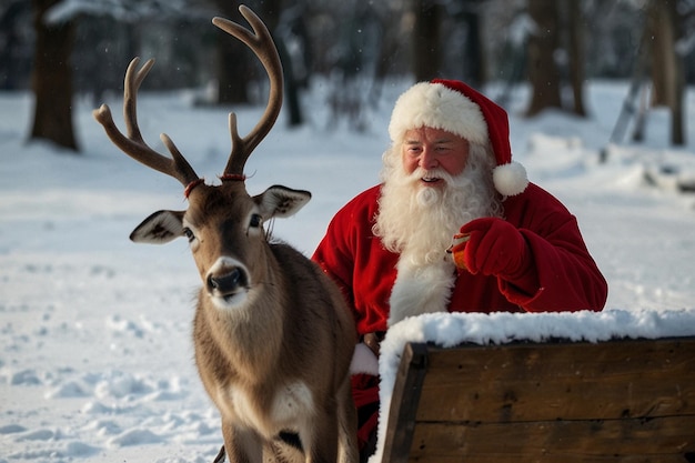 Photo a santa claus is sitting in the snow with a wooden box that says quot santa quot