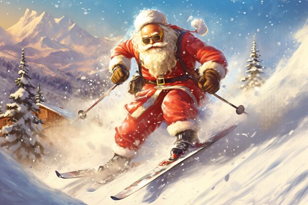 Santa Claus is skiing down the mountain Created using generative AI tools