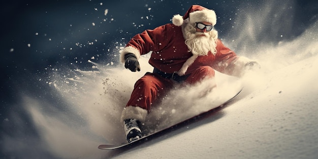 Santa Claus is snowboarding down the snowy slopes bringing joy and gifts to the magical world of Christmas AI Generative AI