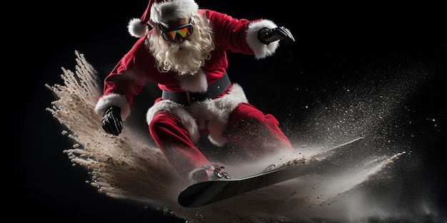 Santa Claus is snowboarding down the snowy slopes bringing joy and gifts to the magical world of Christmas AI Generative AI