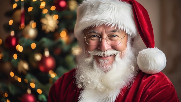 a santa claus is standing in front of a christmas tree