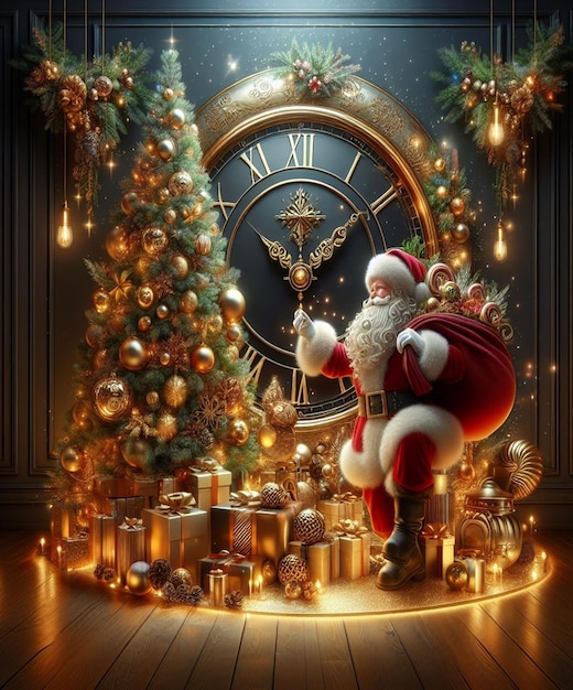 a santa claus is standing in front of a clock