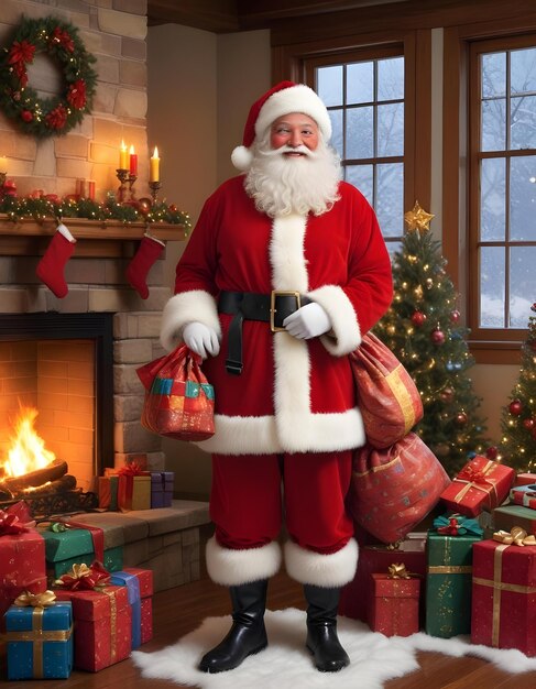 a santa claus is standing in front of a fireplace with presents