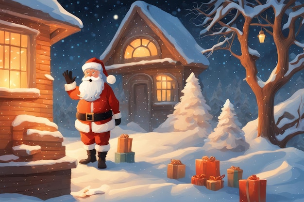 Photo a santa claus is standing in front of a house with a santa claus on it