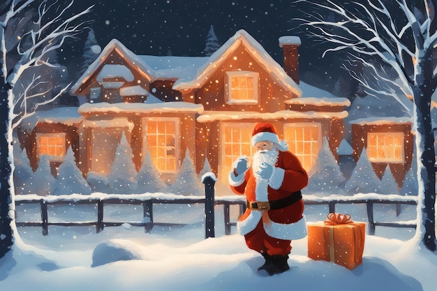 Photo a santa claus is standing in front of a house