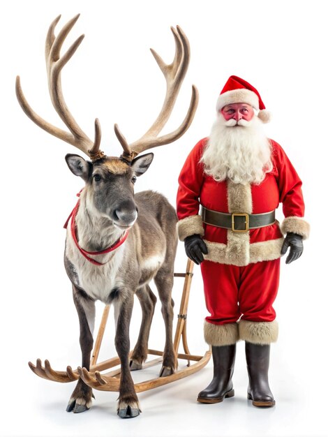 Photo a santa claus is standing next to a reindeer