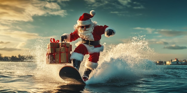 Santa claus is surfing on a wakeboard holding christmas presents