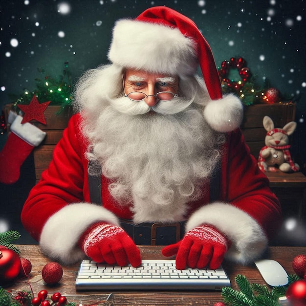 Photo santa claus is typing on a keyboard with santa claus on the back